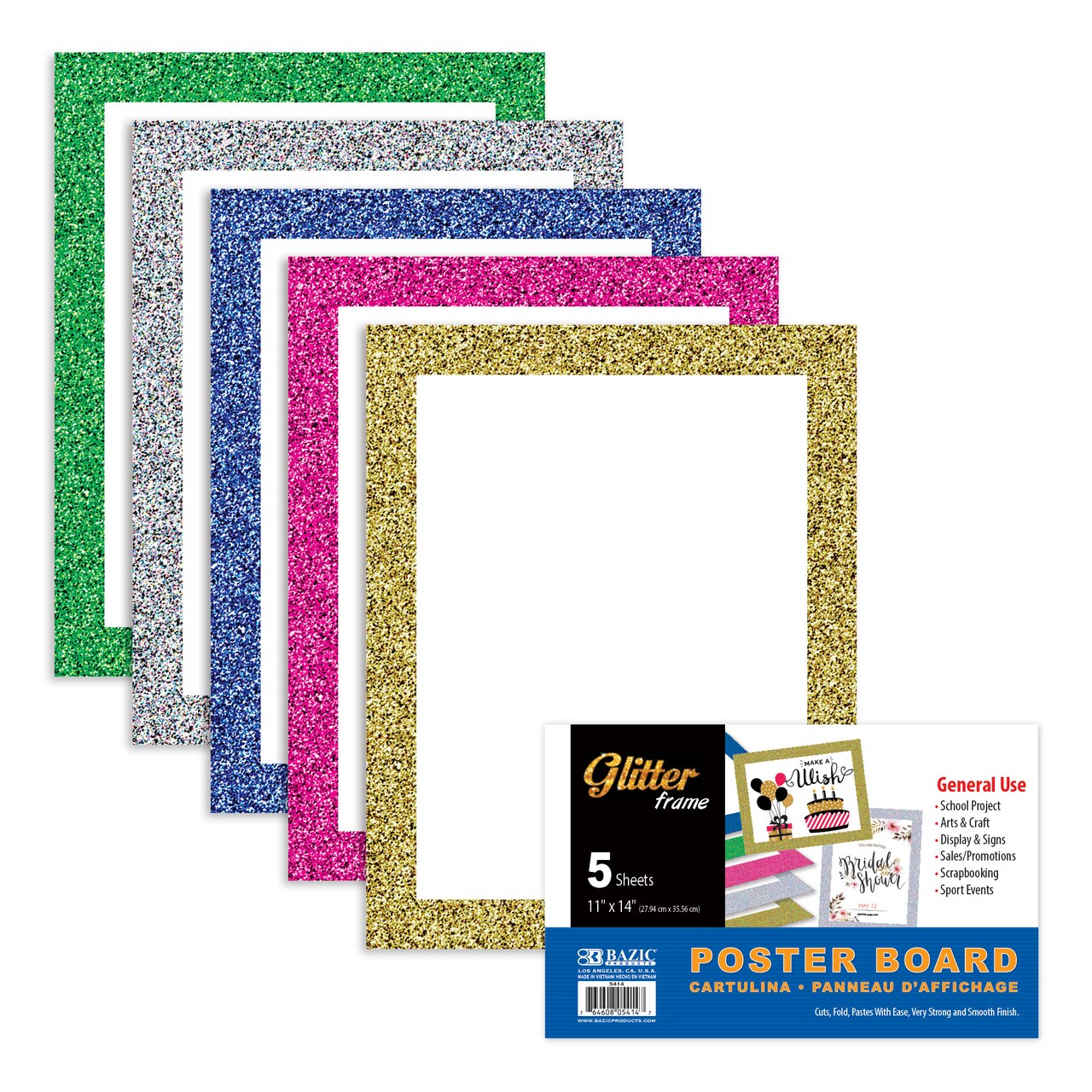 BAZIC 11" X 14" White Poster Board w/Glitter Frame (5/Pack)